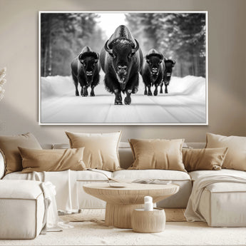 45287-MGV-CV-36X24-Bison Herd Wall Art – Black and White Buffalo Snow Road Canvas Print, Rustic Wildlife Decor for Cabin, Lodge or Living Room