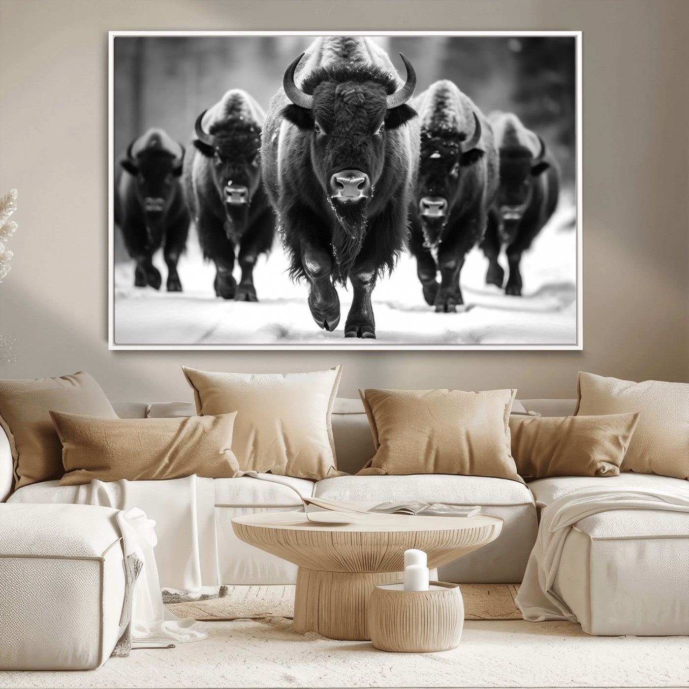 79872-MGV-CV-36X24-Bison Herd Wall Art – Black and White Buffalo on Snow Canvas Print, Rustic Wildlife Decor for Lodge, Cabin, or Living Room