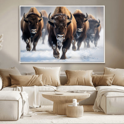 80512-MGV-CV-36X24-Bison Herd Wall Art – Buffalo Running in Snow Canvas Print, Rustic Wildlife Photography Decor for Cabin, Lodge, or Living Room