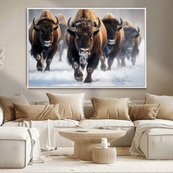 80512-MGV-CV-36X24-Bison Herd Wall Art – Buffalo Running in Snow Canvas Print, Rustic Wildlife Photography Decor for Cabin, Lodge, or Living Room