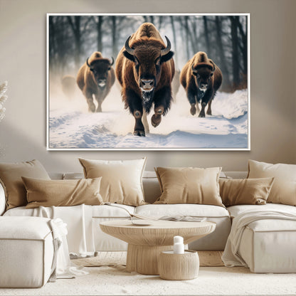 56549-MGV-CV-36X24-Wild Bison Wall Art – Majestic Buffalo Herd Running in Snow Canvas Print, Rustic Wildlife Photography Decor for Cabin, Lodge, or