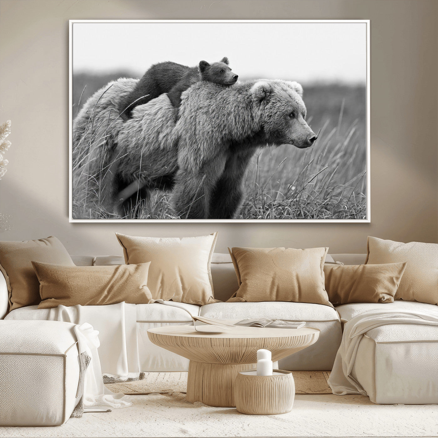 76338-MGV-CV-36X24-Mother Bear and Cub Wall Art – Black and White Wildlife Canvas Print, Rustic Nature Photography for Cabin, Living Room or Office
