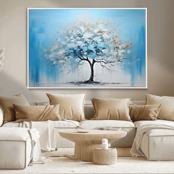 25021-MGV-CV-36X24-Abstract Tree Wall Art – Blue and White Canvas Painting with Gold Accents, Modern Nature-Inspired Artwork for Living Room, Bedroom