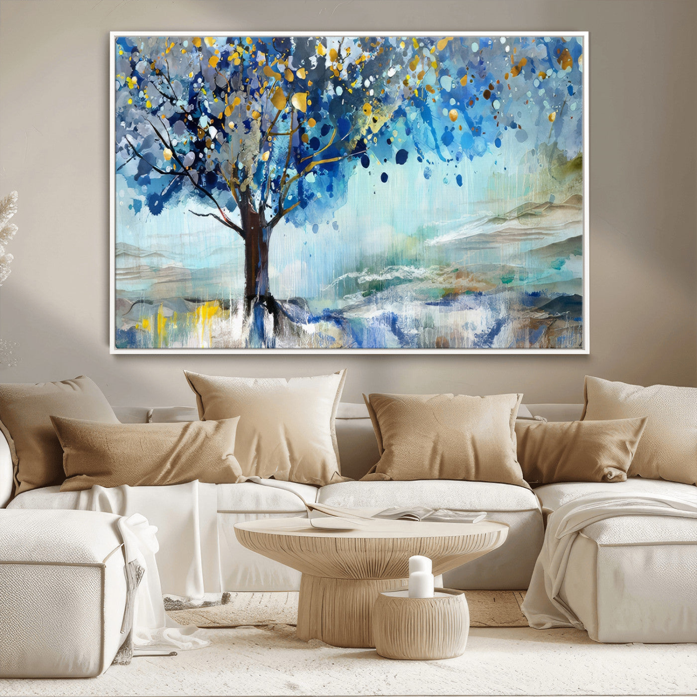 17018-MGV-CV-36X24-Abstract Blue Tree Wall Art – Colorful Canvas Painting with Gold and Silver Accents, Modern Nature Artwork for Living Room,