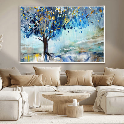 17018-MGV-CV-36X24-Abstract Blue Tree Wall Art – Colorful Canvas Painting with Gold and Silver Accents, Modern Nature Artwork for Living Room,