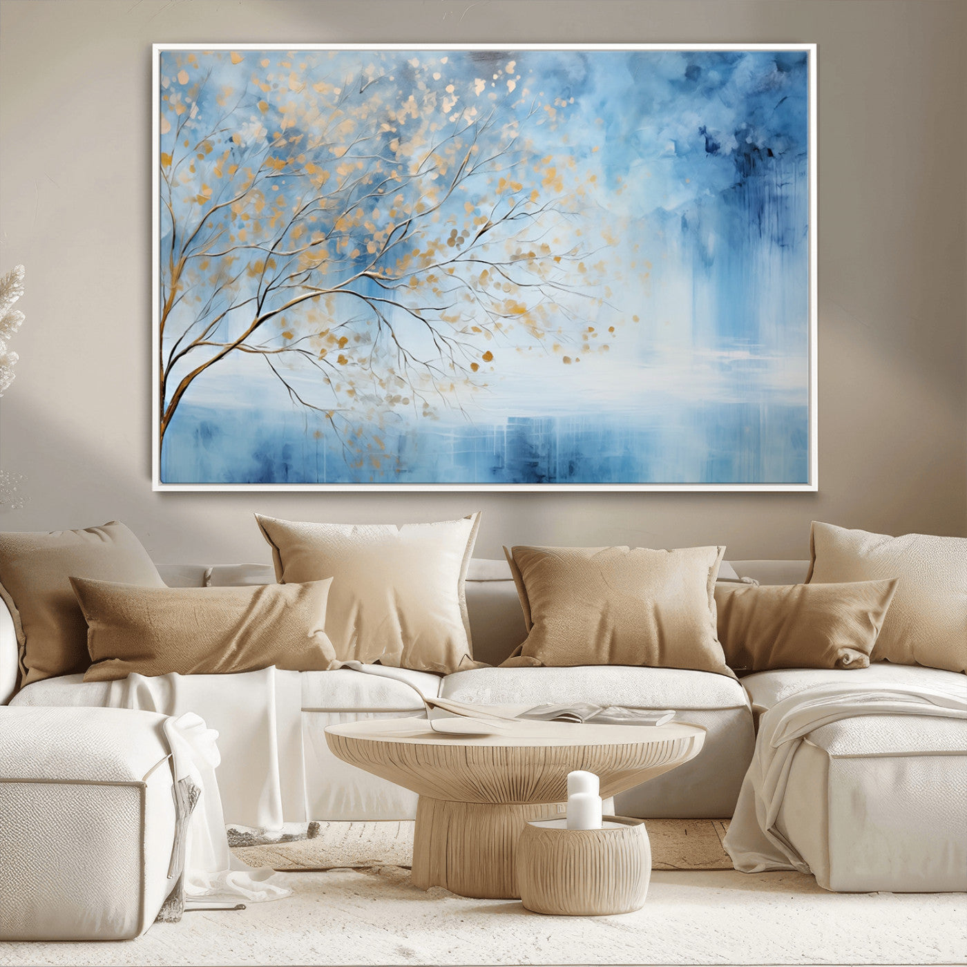 23891-MGV-CV-36X24-Abstract Tree Wall Art – Minimalist Blue and Gold Canvas Painting, Elegant Nature-Inspired Artwork for Living Room, Bedroom or
