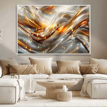 Lines1-MGV-CV-36X24-Abstract Metallic Wall Art – Silver and Gold Wave Canvas Print with Sparkling Accents, Modern Luxury Decor for Living Room, Office