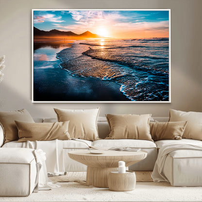 26494-MGV-CV-36X24-Ocean Sunset Wall Art – Scenic Beach Canvas Print with Waves and Mountains, Coastal Seascape Photography for Living Room, Bedroom