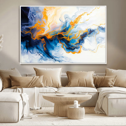 83720-MGV-CV-36X24-Abstract Fluid Wall Art – Blue, White and Gold Swirl Canvas Painting, Modern Contemporary Artwork for Living Room, Bedroom or