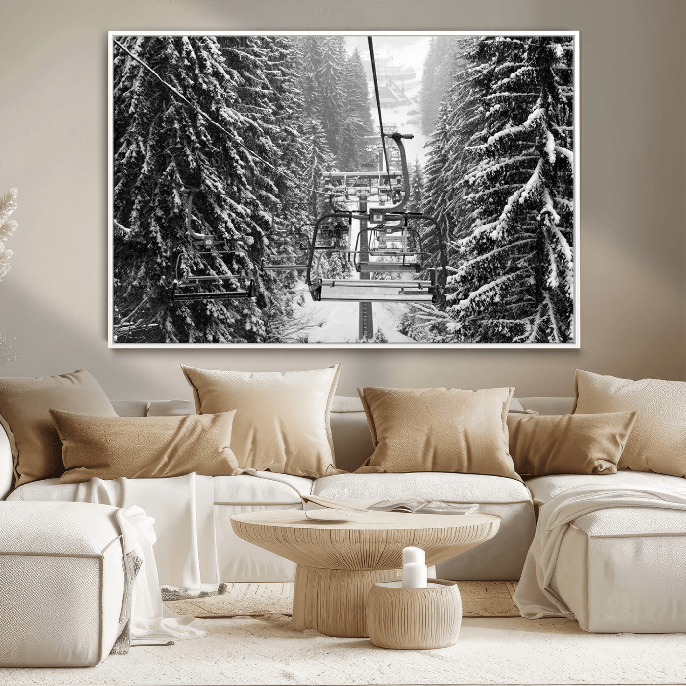 19240-MGV-CV-36X24-Ski Lift Wall Art – Black and White Winter Mountain Canvas Print, Snowy Forest Ski Resort Photography for Cabin, Lodge, Office or