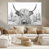 94579-MGV-CV-36X24-Highland Cow Wall Art – Black and White Longhorn Canvas Print, Rustic Western Farmhouse Animal Photography for Living Room,
