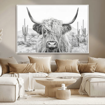 94579-MGV-CV-36X24-Highland Cow Wall Art – Black and White Longhorn Canvas Print, Rustic Western Farmhouse Animal Photography for Living Room,