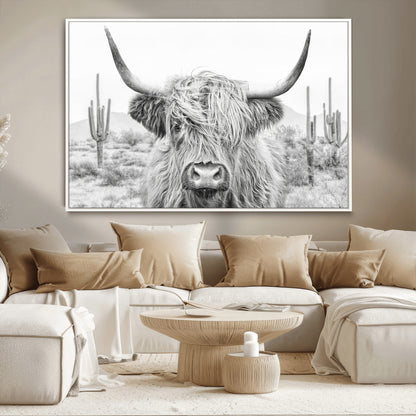94579-MGV-CV-36X24-Highland Cow Wall Art – Black and White Longhorn Canvas Print, Rustic Western Farmhouse Animal Photography for Living Room,