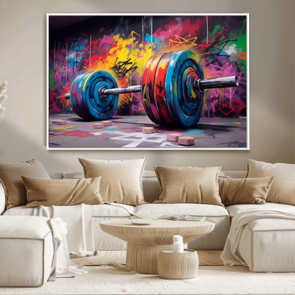 13549-MGV-CV-36X24-Graffiti Gym Wall Art Canvas Print, Framed Graffiti Barbell Art Picture Print, Weightlifting Perfect Fitness Studio Decor Artwork