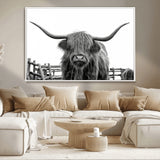 58188-MGV-CV-36X24-Highland Cow Wall Art – Black and White Rustic Farmhouse Canvas Print, Longhorn Cattle Photography Decor for Living Room or