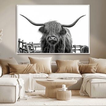 58188-MGV-CV-36X24-Highland Cow Wall Art – Black and White Rustic Farmhouse Canvas Print, Longhorn Cattle Photography Decor for Living Room or
