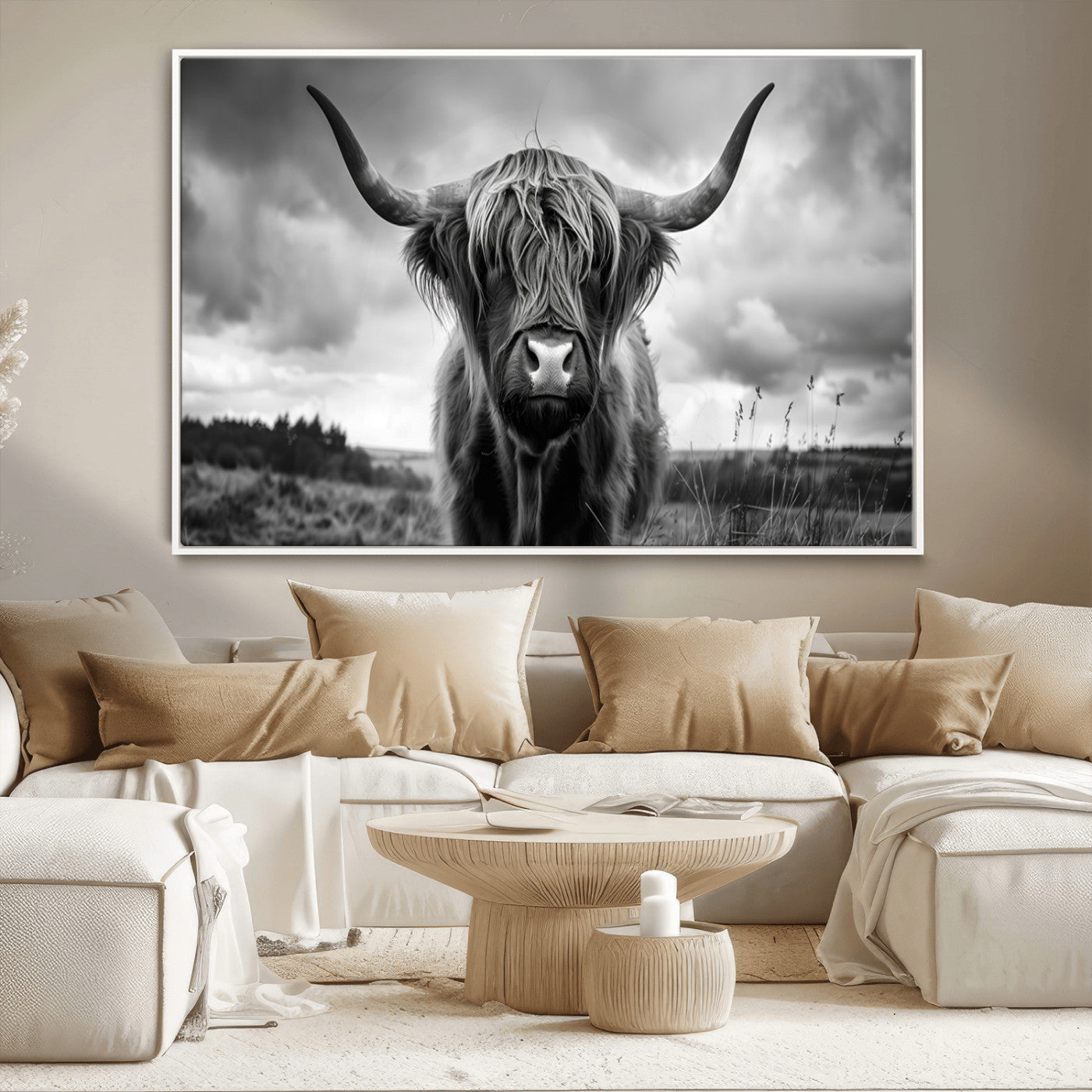 17924-MGV-CV-36X24-Highland Cow Wall Art – Black and White Rustic Longhorn Cattle Canvas Print, Farmhouse Animal Photography Decor for Country Home