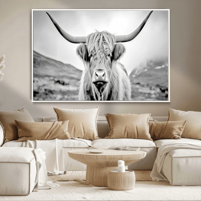 80564-MGV-CV-36X24-Highland Cow Wall Art – Black and White Scottish Highland Canvas Print, Rustic Farmhouse Decor for Living Room, Bedroom or Office