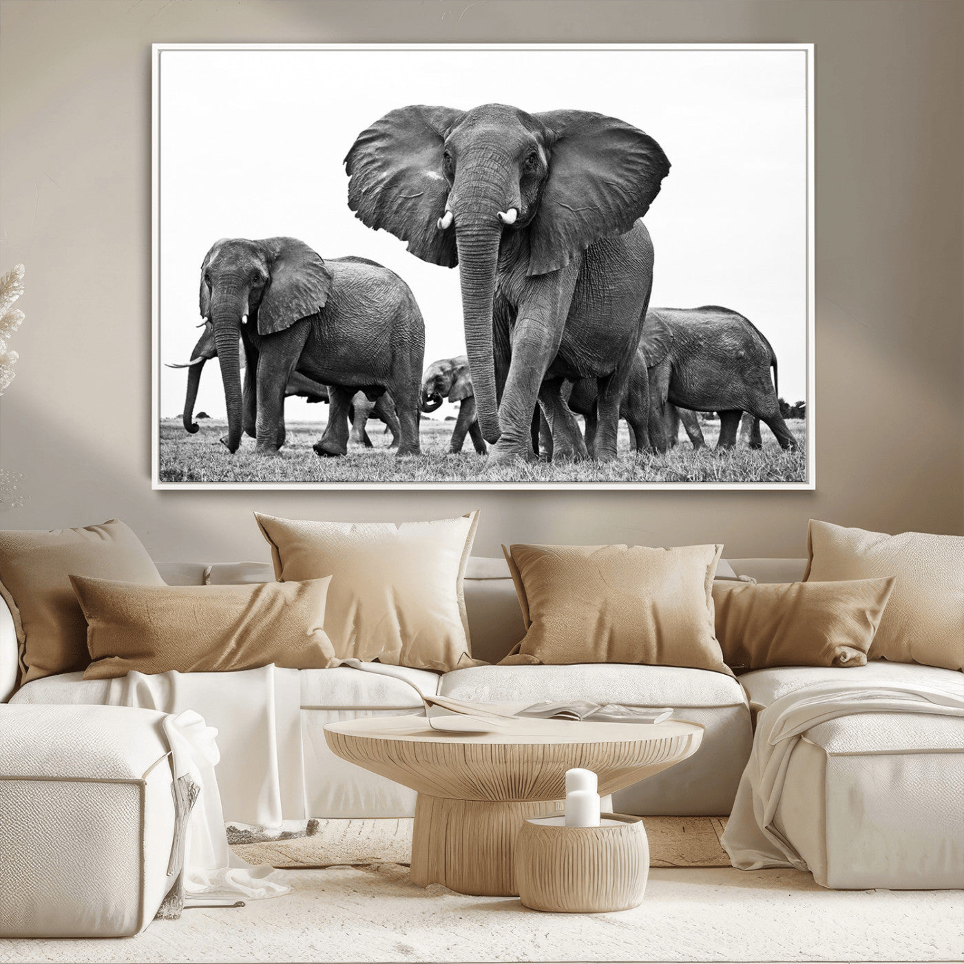 91685-MGV-CV-36X24-Elephant Herd Wall Art – Black and White Safari Canvas Print, African Wildlife Photography Decor for Living Room, Office or