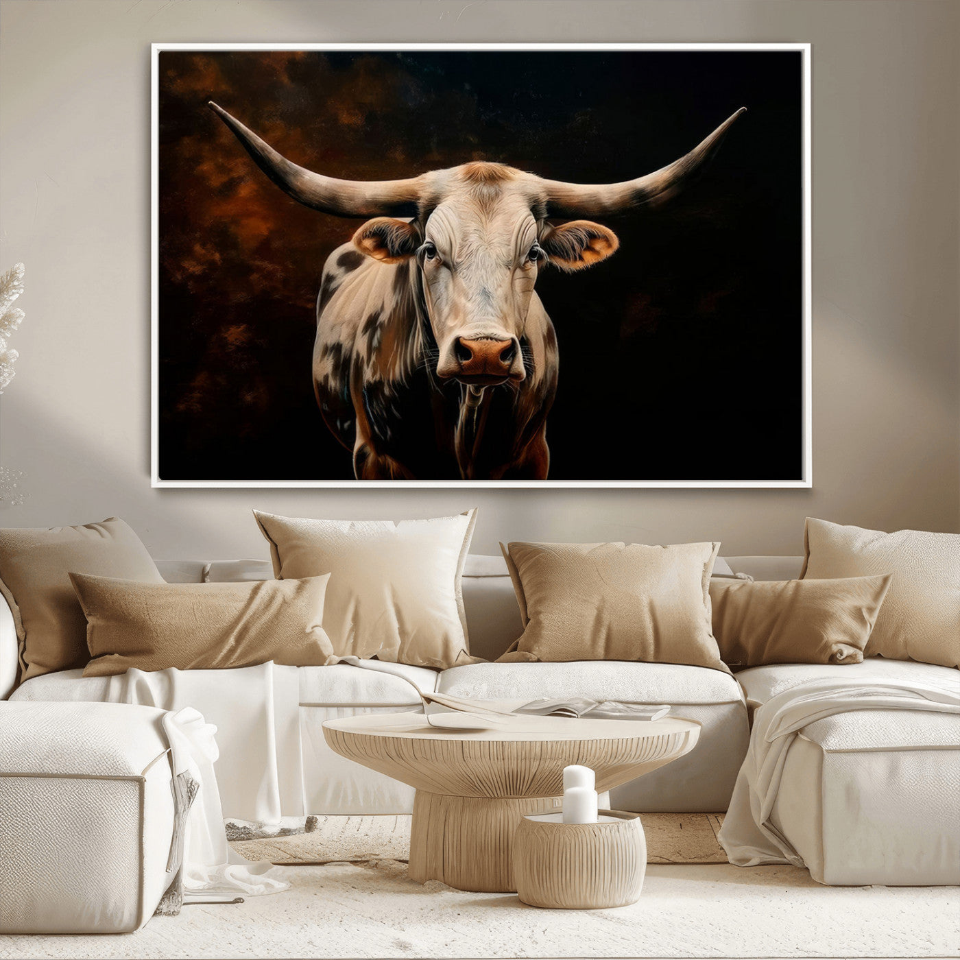 70522-MGV-CV-36X24-Longhorn Bull Wall Art – Striking Canvas Print of Majestic Bull, Premium Animal Decor for Home, Office, Man Cave, or Living Room