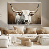 61423-MGV-FC-36X24_White-Longhorn Bull Wall Art – Rustic Western Texas Steer Canvas Print, Cowboy Farmhouse Decor for Living Room, Bedroom, Office or Ranch