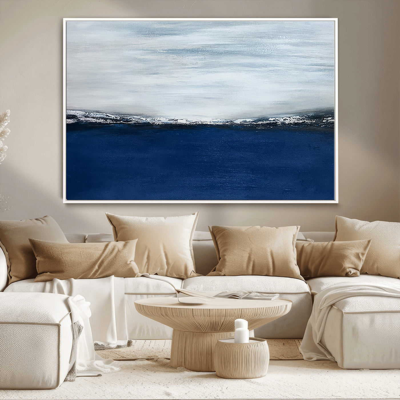 62197-MGV-CV-36X24-Abstract Ocean Wall Art – Minimalist Blue and White Canvas Print, Modern Coastal Seascape Painting for Bedroom, Living Room or