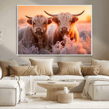 68253-MGV-CV-36X24-Highland Cow Wall Art – Rustic Farmhouse Cattle Canvas Print, Frosty Sunset Animal Artwork for Living Room, Bedroom or Country
