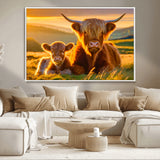 20567-MGV-CV-36X24-Highland Cow and Calf Wall Art – Rustic Farmhouse Sunset Cattle Canvas Print, Country Animal Artwork for Living Room, Bedroom, or