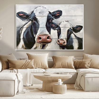 28934-MGV-CV-36X24-Farmhouse Cow Wall Art – Rustic Black and White Dairy Cattle Canvas Print, Country Barn Animal Painting for Kitchen, Living Room