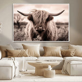 55903-MGV-CV-36X24-Highland Cow Wall Art – Rustic Sepia Scottish Highland Bull Canvas Print, Farmhouse Country Animal Decor for Living Room, Bedroom