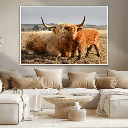 53461-MGV-CV-36X24-Highland Cow Family Wall Art – Rustic Farmhouse Animal Canvas Print, Country Decor for Living Room, Bedroom or Office, Calf and