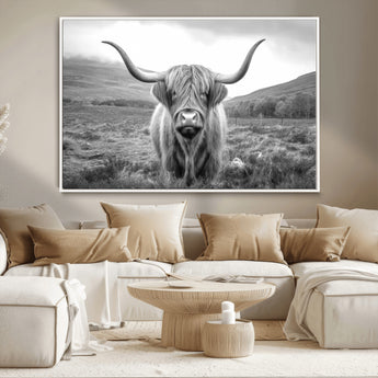 52903-MGV-CV-36X24-Highland Cow Wall Art – Black and White Canvas Print Rustic Cattle Portrait, Farmhouse Country Decor for Living Room, Office,