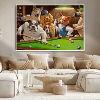 34228-MGV-CV-36X24-Dogs Playing Pool Wall Art Canvas Print, Framed Funny Dog Art Picture Print, Dog Perfect Game Room Decor Artwork