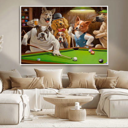 34228-MGV-CV-36X24-Dogs Playing Pool Wall Art Canvas Print, Framed Funny Dog Art Picture Print, Dog Perfect Game Room Decor Artwork