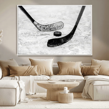 82900-MGV-CV-36X24-Hockey Wall Art – Black and White Canvas Print Ice Rink Sticks Puck Sports Photography, Modern Decor for Game Room, Man Cave,