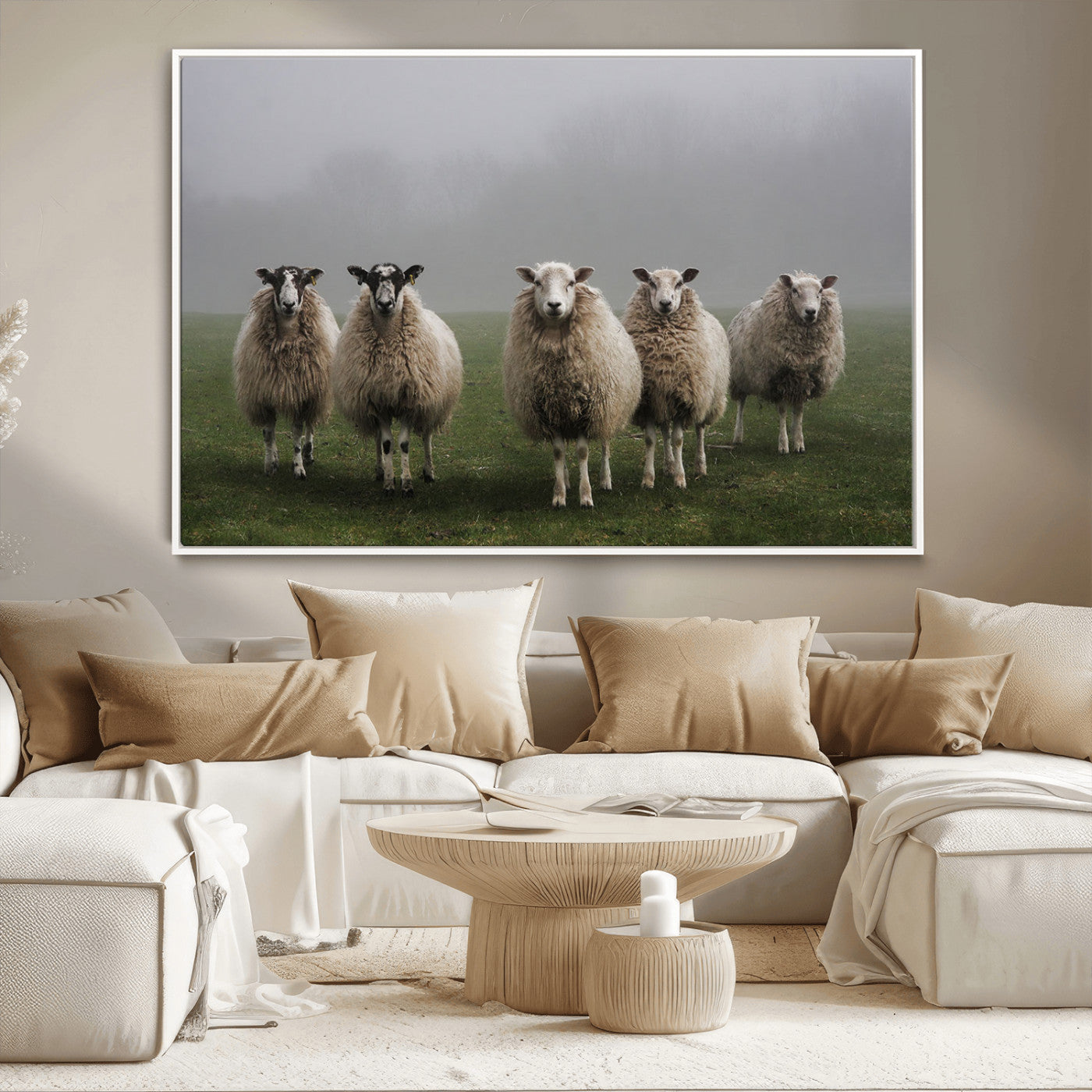 87339-MGV-CV-36X24-Sheep Wall Art – Rustic Farmhouse Canvas Print Flock Standing Misty Field Countryside Photography, Country Animal Decor for Living