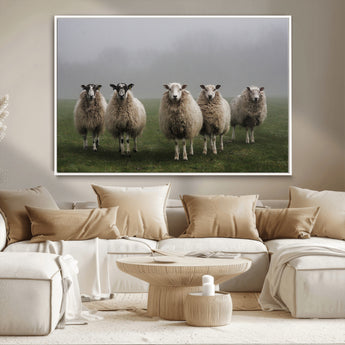 87339-MGV-CV-36X24-Sheep Wall Art – Rustic Farmhouse Canvas Print Flock Standing Misty Field Countryside Photography, Country Animal Decor for Living