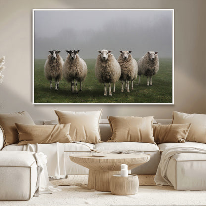 87339-MGV-CV-36X24-Sheep Wall Art – Rustic Farmhouse Canvas Print Flock Standing Misty Field Countryside Photography, Country Animal Decor for Living