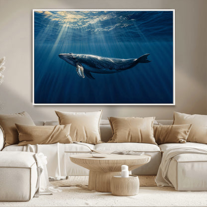 18052-MGV-CV-36X24-Whale Wall Art – Majestic Ocean Canvas Print Marine Life Underwater Sunlight Scene, Nautical Coastal Decor for Living Room,