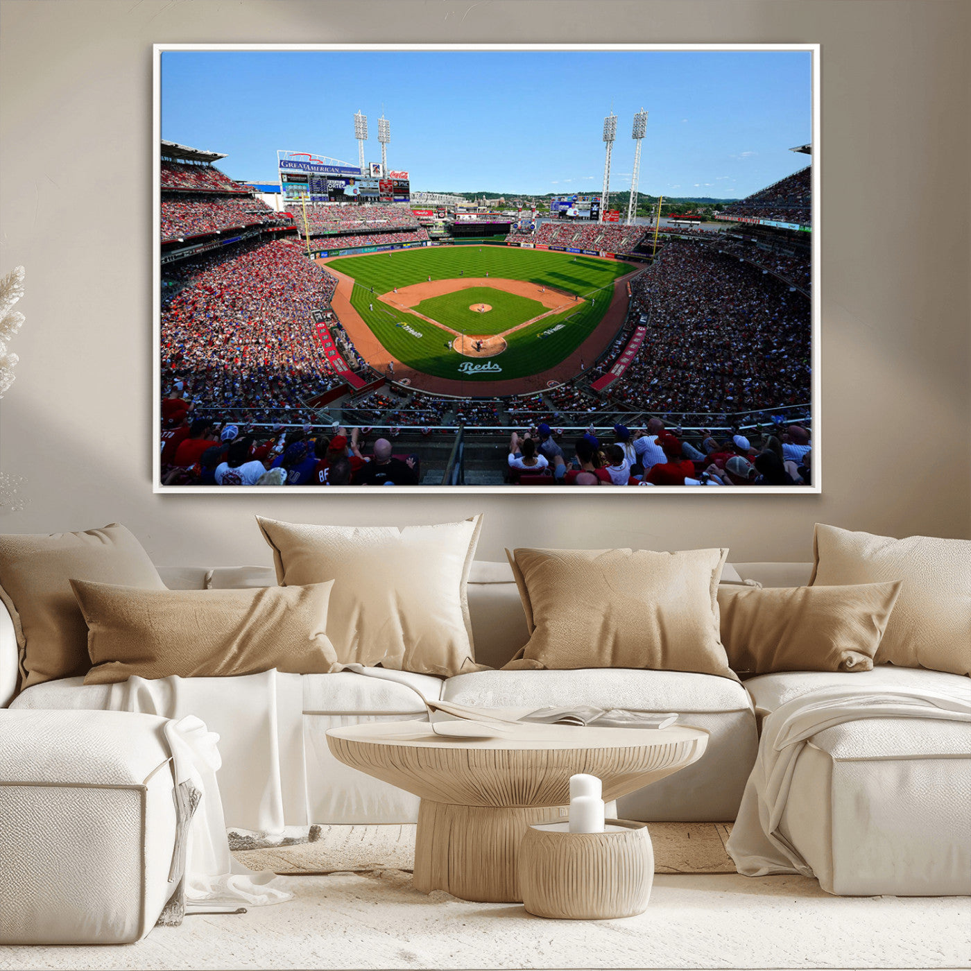90998-MGV-CV-36X24-Baseball Stadium Wall Art – Canvas Print Day Game Field Packed Crowd Bright Blue Sky Sports Photography, Classic Decor for Game