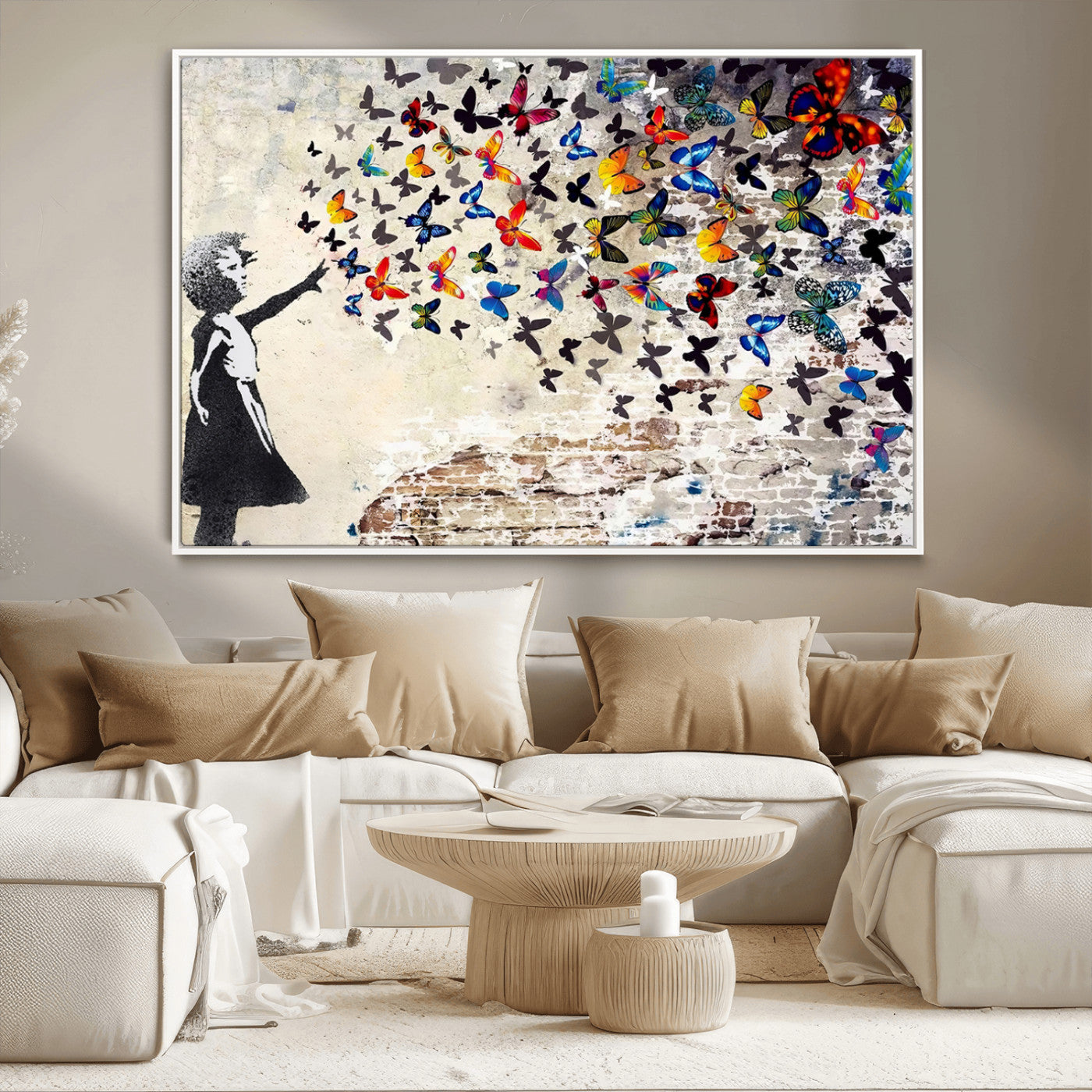 97895-MGV-CV-36X24-Girl with Butterflies Wall Art – Colorful Street Art Style Canvas Print, Modern Graffiti-Inspired Butterfly Artwork for Living