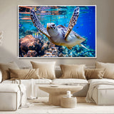 12683-MGV-CV-36X24-Sea Turtle Wall Art – Graceful Ocean Canvas Print with Coral Reef and Tropical Fish, Coastal Marine Life Decor for Beach House,
