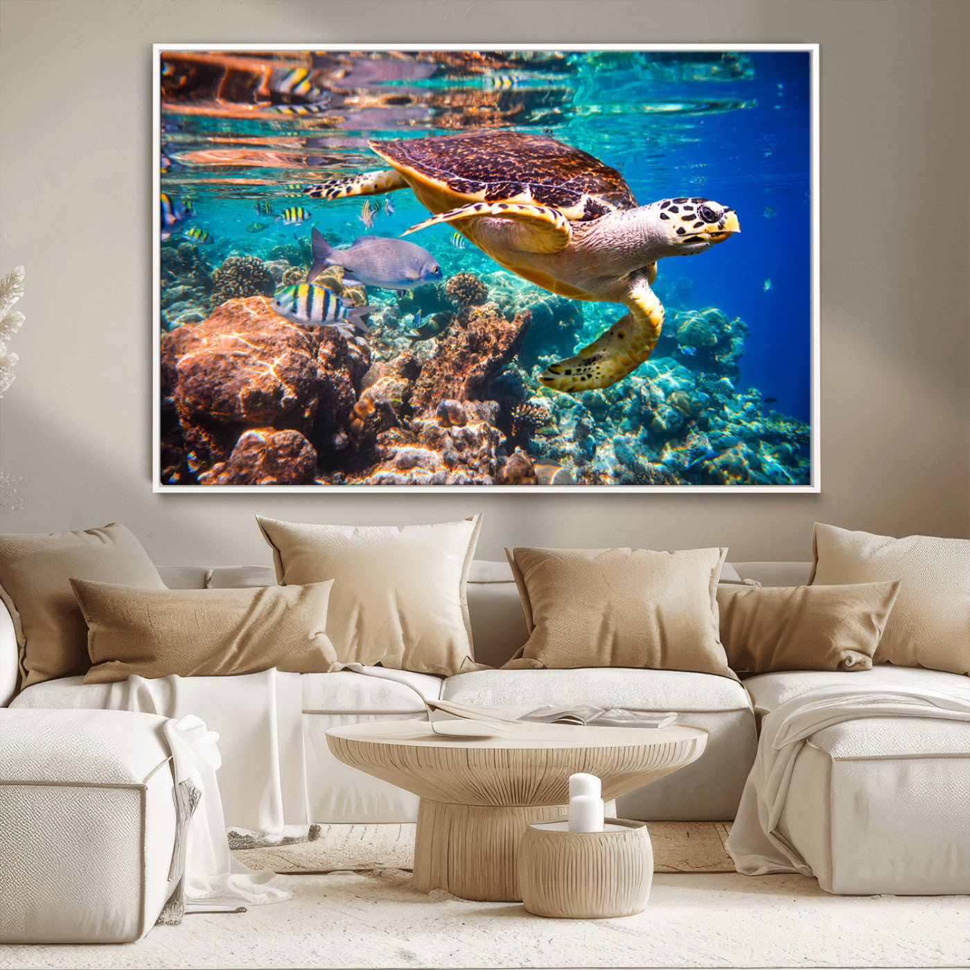 66614-MGV-CV-36X24-Sea Turtle Wall Art – Hawksbill Turtle Swimming Over Coral Reef Canvas Print, Ocean Marine Life Decor for Beach House, Coastal