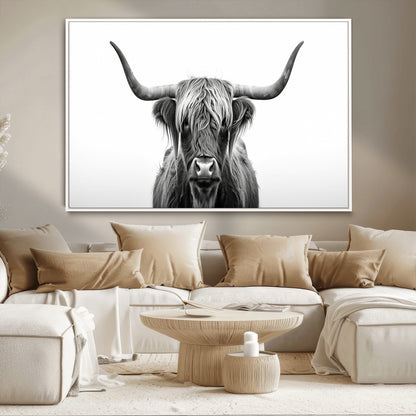 49556-MGV-CV-36X24-Highland Cow Wall Art – Black and White Scottish Highland Cattle Print, Rustic Farmhouse Minimalist Animal Portrait Canvas for