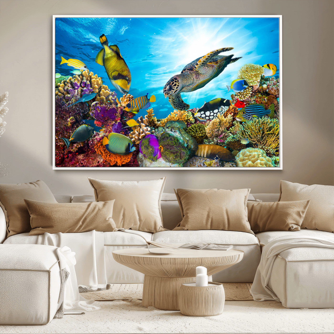 44772-MGV-CV-36X24-Underwater Sea Turtle Wall Art – Vibrant Coral Reef and Tropical Fish Canvas Print, Ocean Marine Life Decor for Living Room,