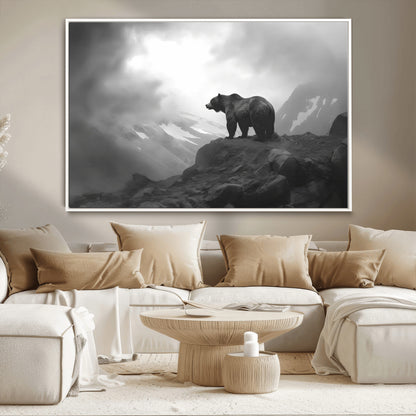 49504-MGV-CV-36X24-Black and White Grizzly Bear Wall Art – Wilderness Wildlife Painting, Rustic Mountain Cabin Decor, Monochrome Animal Print for