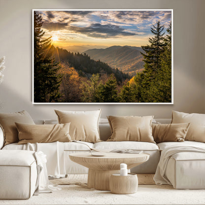 73692479-MGV-CV-36X24-Smoky Mountains Wall Art Canvas Print, Framed Forest Mountain Art Picture Print, Spring Mountain Perfect Spring Style Decor