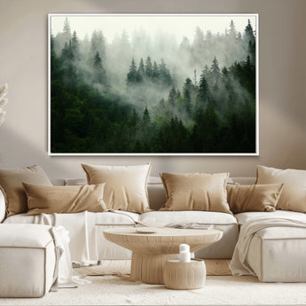167720496-MGV-FC-36X24_White-Misty Forest Wall Art – Serene Evergreen Trees Canvas Print, Foggy Mountain Nature Landscape Decor for Bedroom, Living Room or