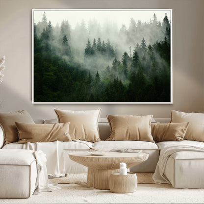 167720496-MGV-FC-36X24_White-Misty Forest Wall Art – Serene Evergreen Trees Canvas Print, Foggy Mountain Nature Landscape Decor for Bedroom, Living Room or