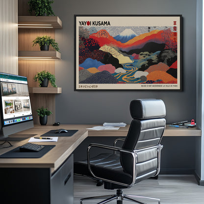 49228-MGV-FC-93X47-3P_Black-Kusama Wall Art – Vibrant Japanese Landscape Canvas Print, Modern Abstract Mountain and River Decor for Living Room, Office or Art